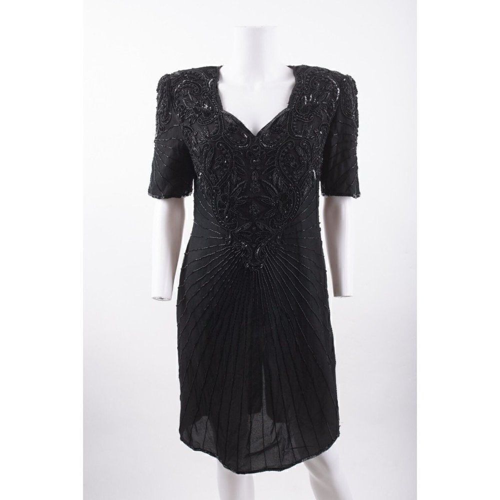 Vintage Scala Womans Silk Evening Dress Size Petite L PL Black Beaded Formal